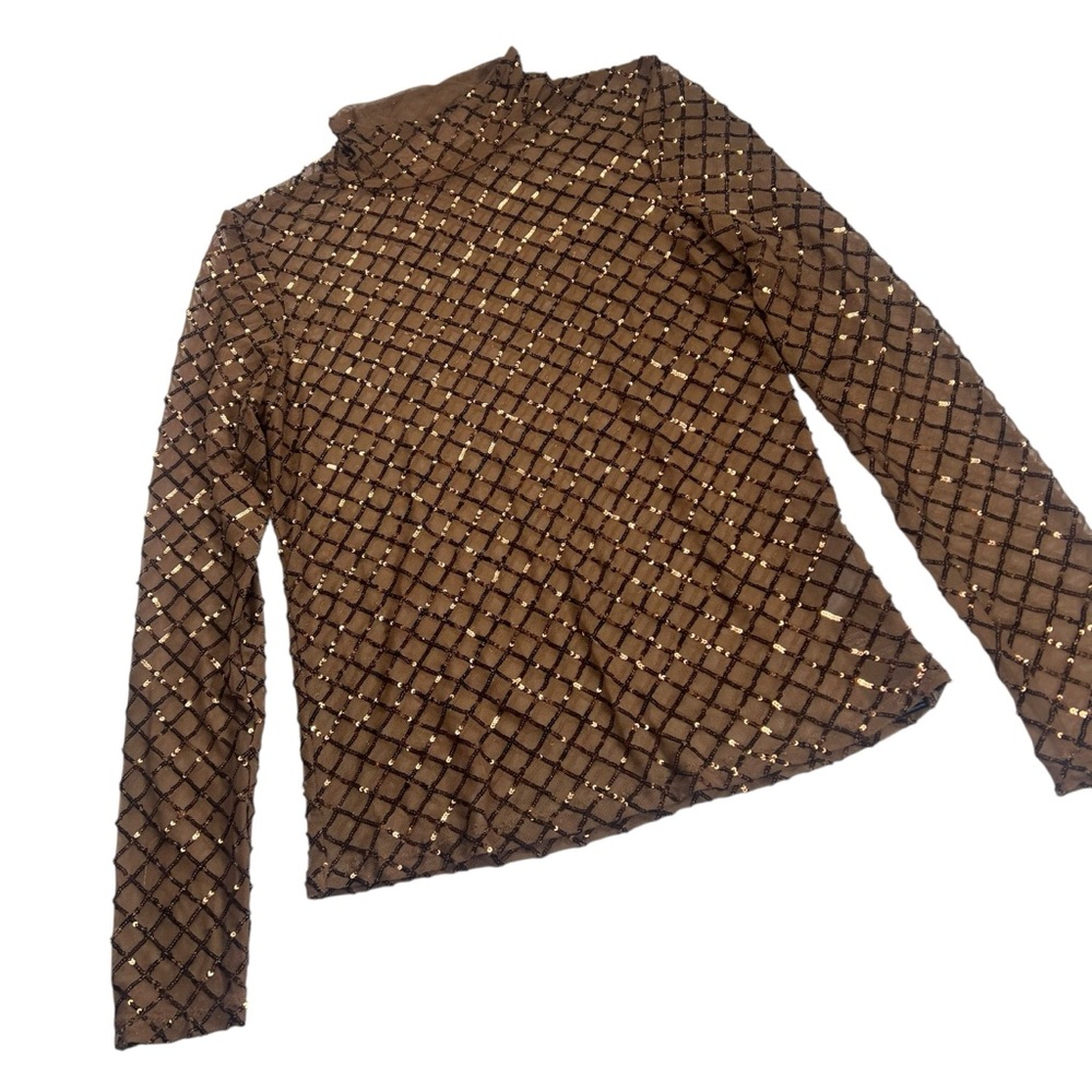Anthropologie PILCRO Bronze Sequin Mesh Long Sleeve Turtleneck Top Medium NWT - Picture 4 of 16